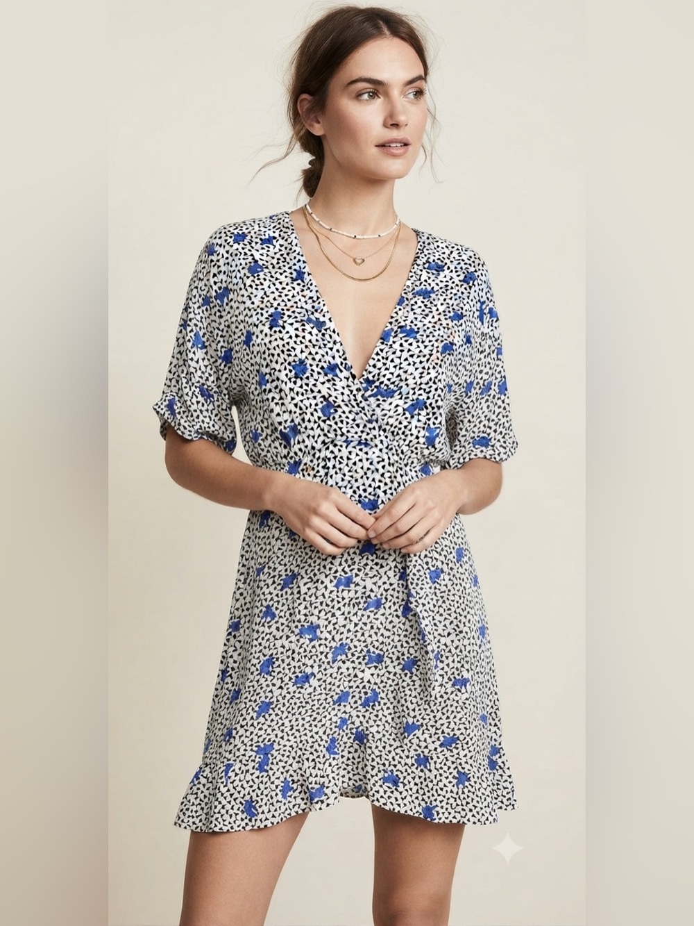 Maje White Dress with Black and Blue Floral Print